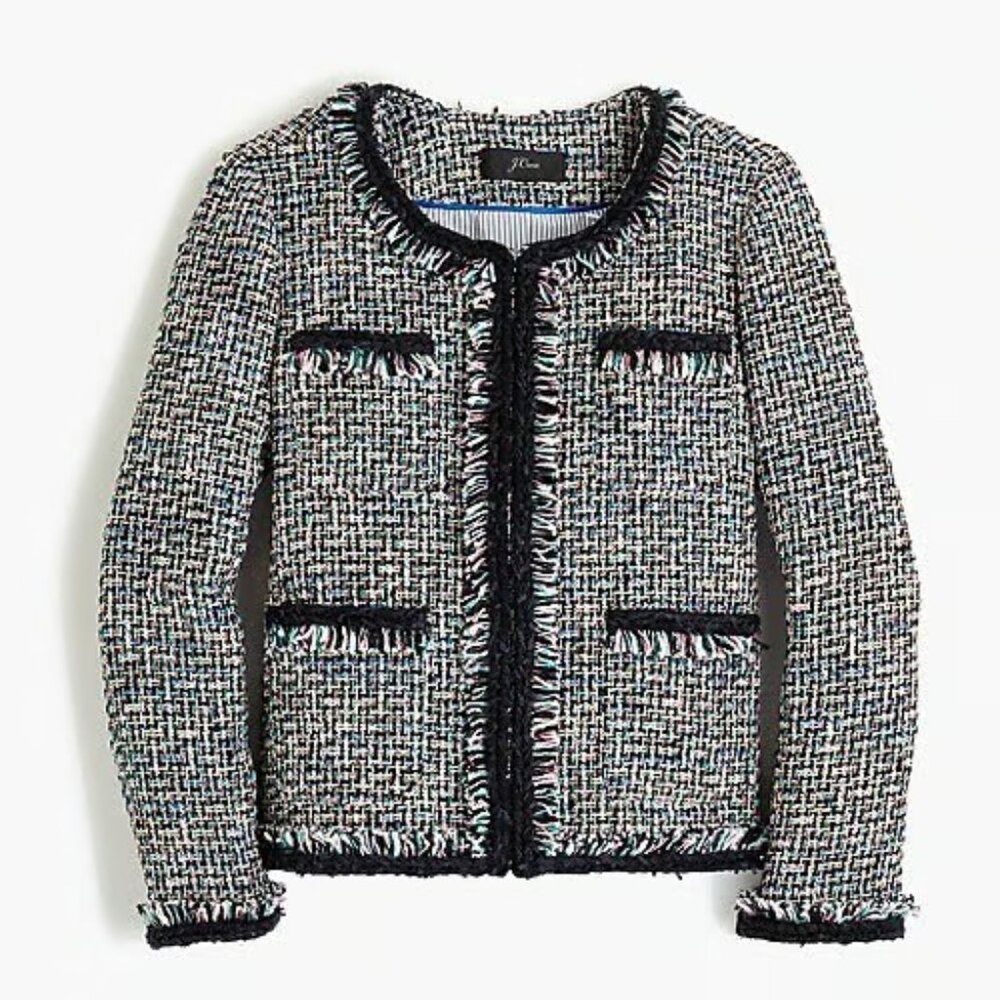 NWT J.Crew Lady Metallic Tweed Jacket in Black Rainbow Multi Fringe 8 $248